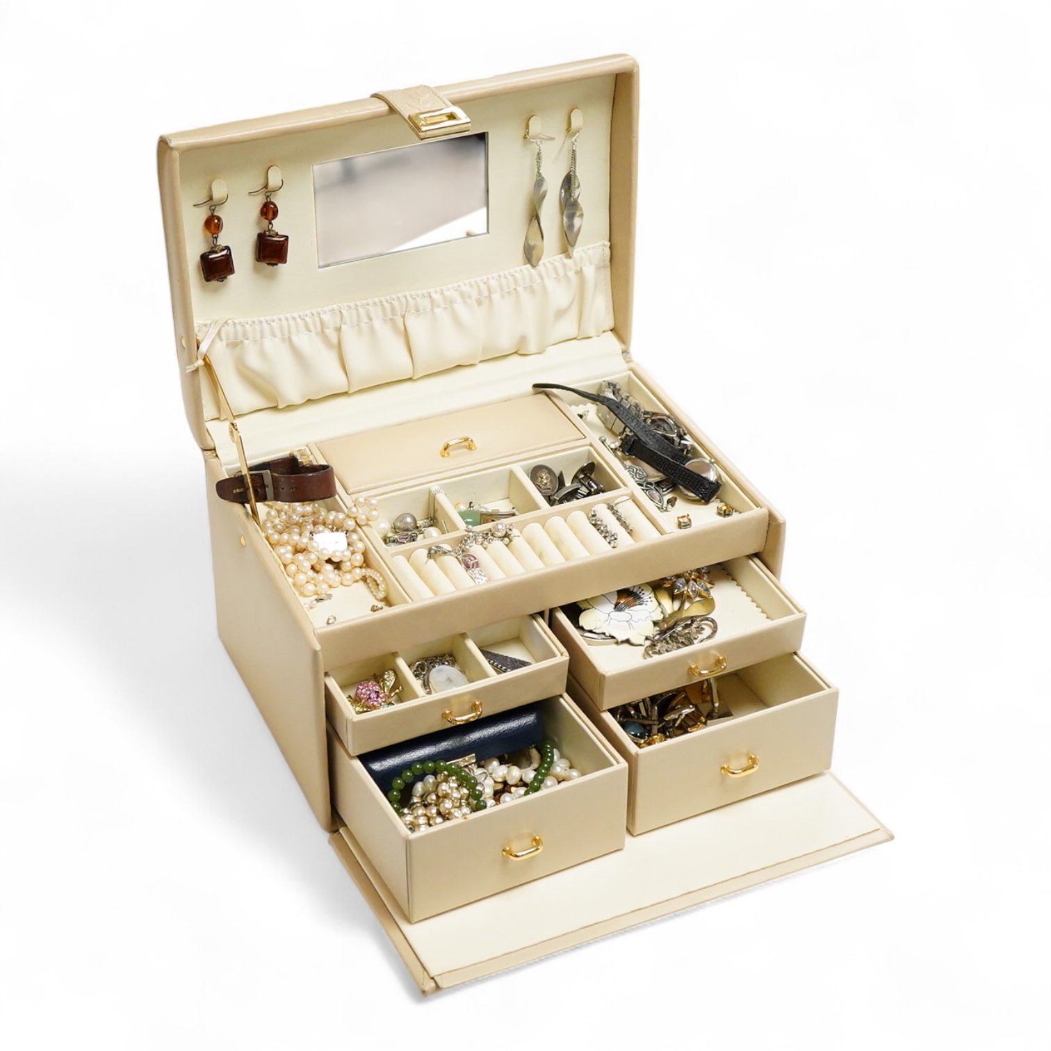 A jewellery box containing mainly costume and other jewellery including, silver and 925 cufflinks, a cultured pearl necklace with silver and paste set clasp and three wrist watches including a steel and gold plated Bulov